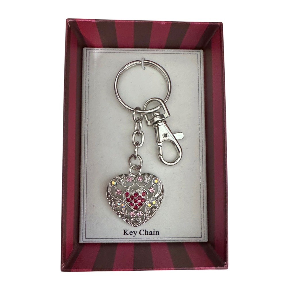 Silver Filigree Heart Keychain Pink Rhinestone Bag Charm in Striped Gift Box